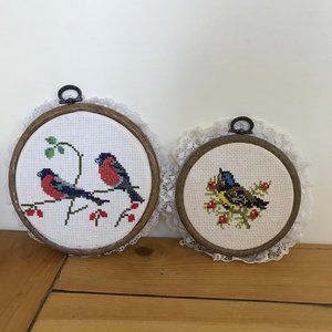 Completed Bullfinch & Bluetit Birds Cross Stitch Framed Round Pictures Set of 2